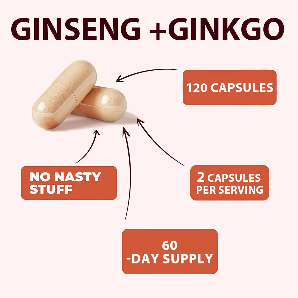 Energy Supplement Capsules Containing Ginseng and Ginkgo, Promote Brain Health, Support Memory, Focus and Regulate The Nervous