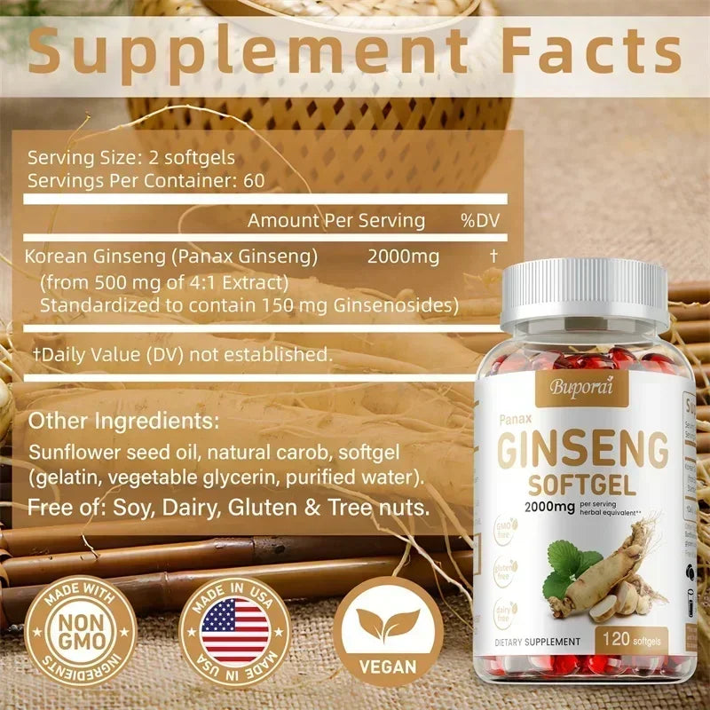 Red Panax Ginseng Supplement - Supports Energy Production, Immune Health, Physical Performance, Memory, Antioxidant Protection