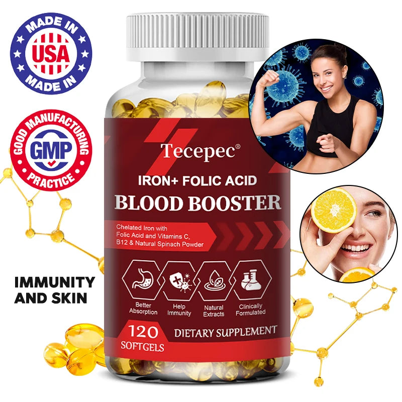 Iron + Folic Acid Supplement, with Vitamin C, B12 & Zinc, Blood Strengthener, Circulation Support Immune Support