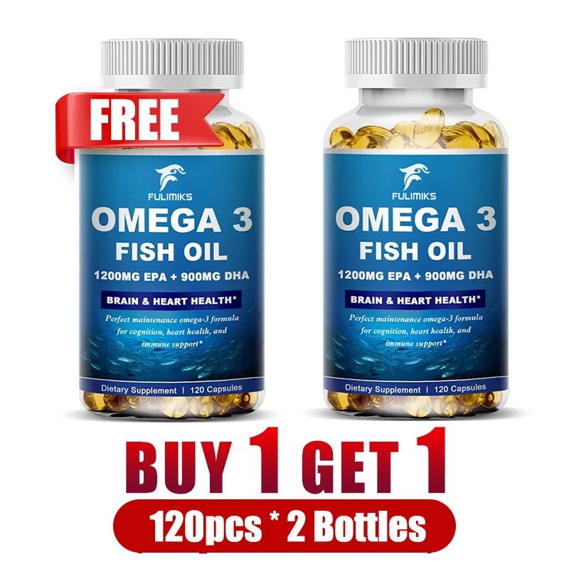 Buy 1 Get 1 Free! Omega 3 Fish Oil Capsules, Supports Heart Health Supplements Rich DHA EPA Fish Oil Capsules Improve Bad Mood